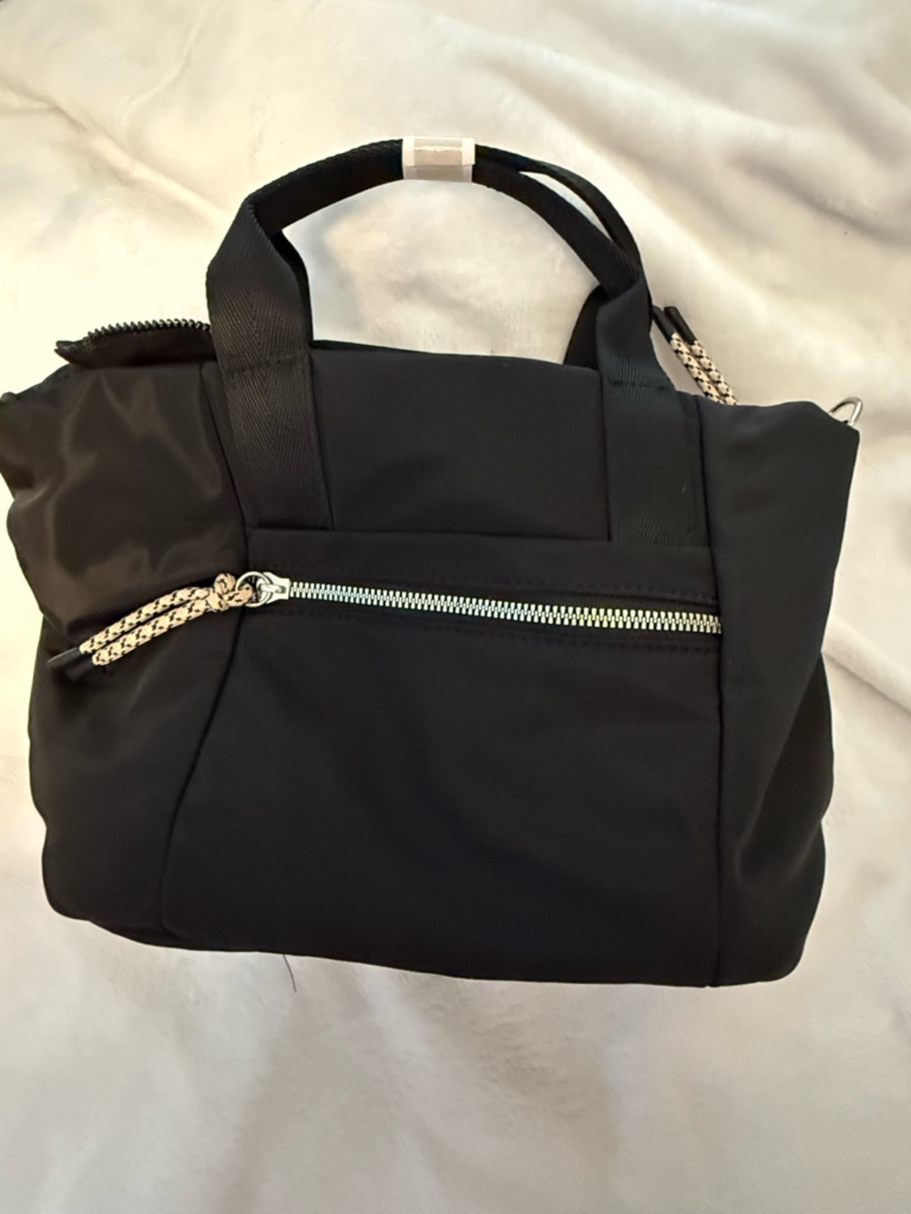 Black Women's Nylon Tote Bag with Front Zip Pocket long strap as crossbody also